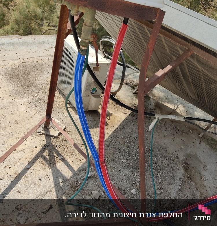 צינורות מים צבעוניים מחוברים למיכל על גג